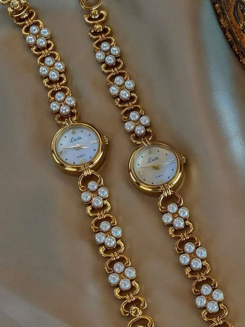Anthropologie Gold Pearl Floral Link Watch